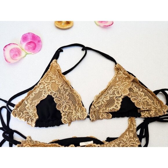 Beach Joy Bikini – Black with Pink Lace –Size Med –Triangle Top & Scrunch Bottom - Picture 5 of 6